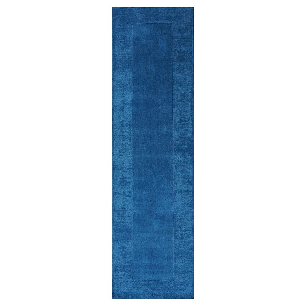 Handloom Plain Carved Border Wool Runner Rugs in Teal Blue